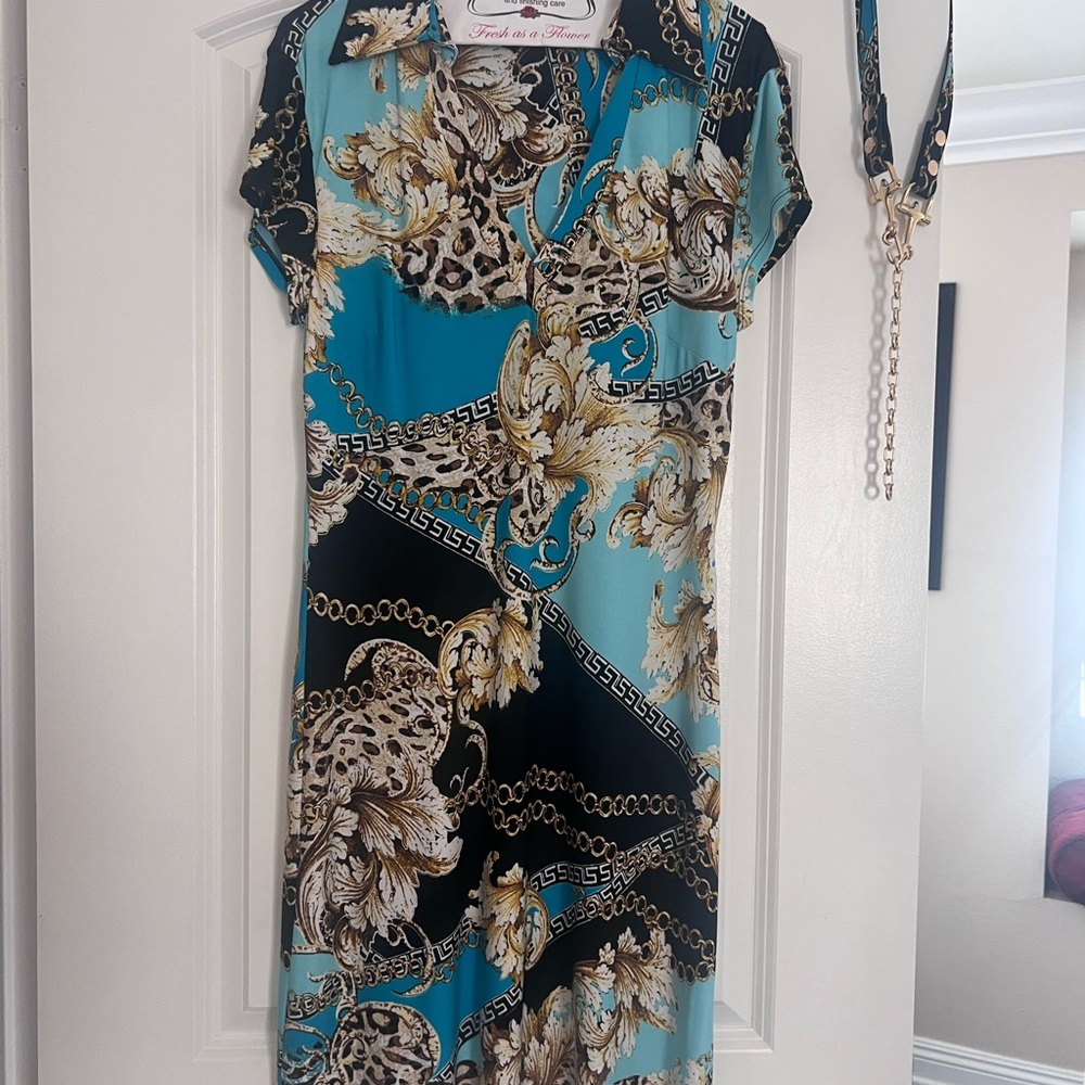 Cache Blue and Black Sheath Midi Dress for Cocktail